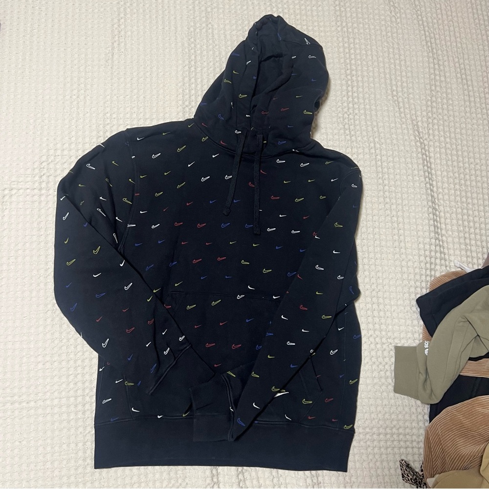 Nike Black Hoodie with Colorful Swoosh Patterns